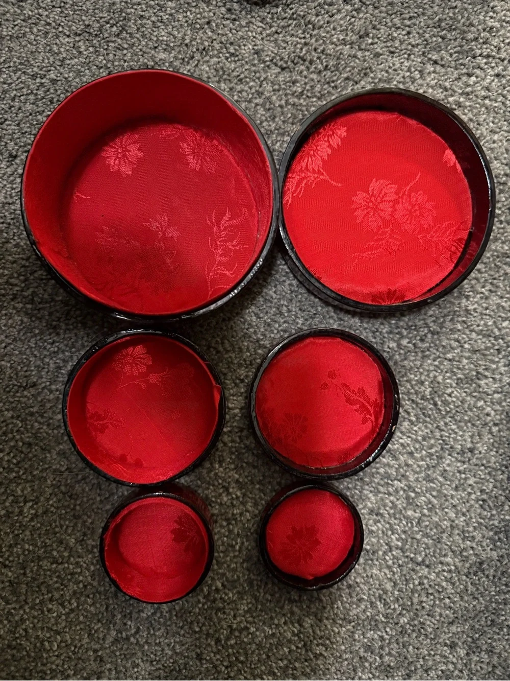 Vintage Nesting Trinket Boxes Black & Red Lacquer Stacking Jewelry Box Set
